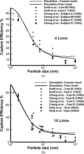FIG. 11 Comparison between simulation and experimental data for nasal capture efficiency for different breathing rates, (a) 4 L/min, (b) 10 L/min.