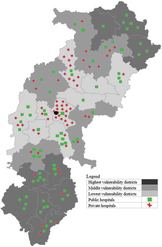 Figure 2. Chhattisgarh state map showing empanelled public and private hospitals per 100,000 enrolled across districts and vulnerability groups.