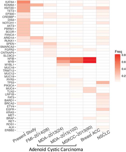 Figure 2. A comparison of mutation spectrum of PACC, ACC and NSCLC. Color gradient represents allelic fraction.