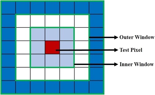 Figure 5. Representation-based strategy, indicating the inner and outer windows and the test pixel.