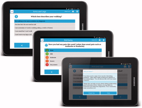 Figure 3. The TiM patient app. Questions include those measuring function (top) and symptoms (middle) with educational message placed between questions (bottom).