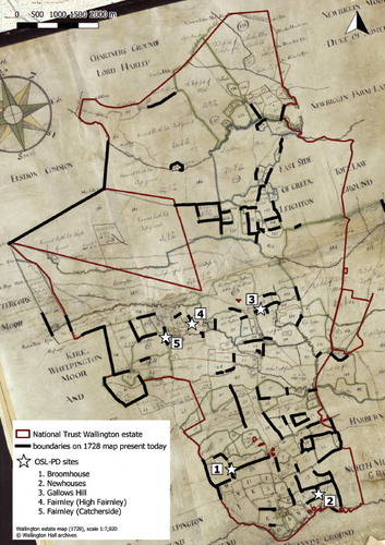 Fig. 3. Georeferenced estate map of 1728 indicating which boundaries are still present in the current landscape and the location of the five boundaries studied using OSL-PD.