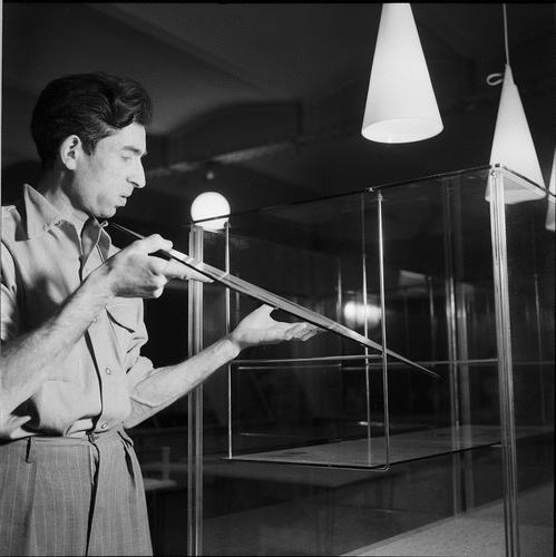 Figure 8. Gunnar Myrstrand demonstrating the assembly of the glass and acrylic showcases at the “test” exhibition at Frey’s Warehouse, Stockholm, March 22, 1954. From a series of photos included in an instruction book for the assembly in Sydney. Photographer Sune Sundahl. ArkDes, Stockholm. ARKM.1988-111 -16,346. Public domain.