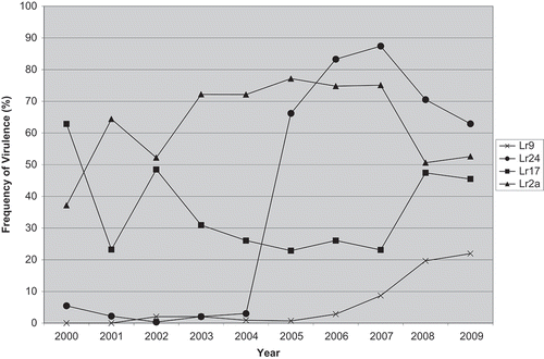 Fig. 1. Frequency of virulence (%) from 2000–2009 in the Manitoba and Saskatchewan population of P. triticina to near-isogenic lines containing Lr2a, Lr14a, Lr16, Lr17 or Lr24.