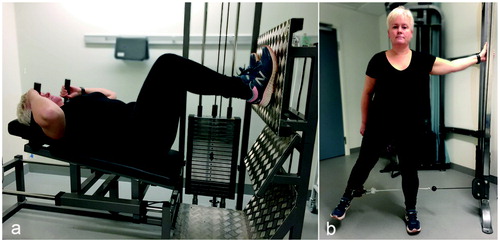 Figure 2. Set-up for the (a) leg press ergometer and (b) abduction pulling apparatus.