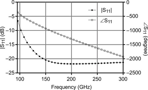 Figure 4 HFSS simulation results: magnitude |S11| (dB) and phase ∠S11 (degree) of the reflection coefficient for probe loaded with the normal skin.