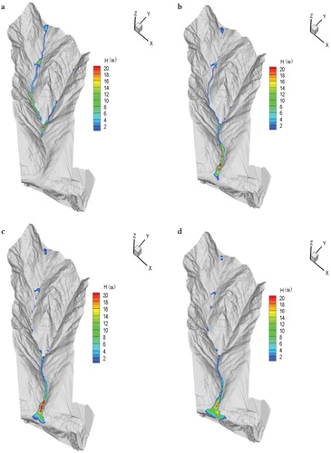 FIGURE 9. The snapshots of flow depth in Ridi Gully following a 200-year return period precipitation. (a) t = 150 s, (b) t = 600 s, (c) t = 900 s, and (d) t = 1500 s.