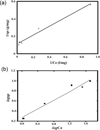Figure 5. Langmuir isotherm (a) and Freundlich isotherm (b) plots for the biosorption of Zn(II) onto Pseudevernia furfuracea biomass. Biomass dosage: 5 g/L, contact time: 60 min; pH: 5; stirring speed: 150 rpm; temperature: 20ºC.