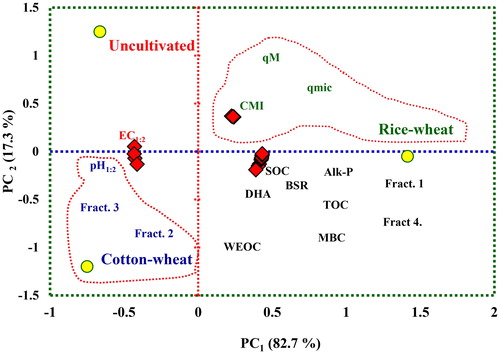 Figure 3. Principle component analysis (PCA) bi-plots on the soil properties including soil organic C (SOC), total organic C (TOC), its labile pools in the cultivated soils under rice–wheat and cotton–wheat cropping system and the uncultivated soils in south-western Punjab, India (Fract. 1 = very labile C, Fract. 2 = labile C, Fract. 3 = less labile C, Fract. 4 = recalcitrant C, MBC = microbial biomass C, WEOC = water extractable organic C, KMnO4-C = potassium permanganate oxidizable organic C, DHA = dehydrogenase activity, Alk-P = alkaline phosphatase, qM = mineralization quotient, BSR = basal soil respiration, qmic = microbial quotient).