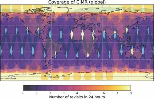 Figure 1. Simulation of the CIMR expected global coverage, with the color code showing the number of revisit overpasses in a period of 24 hours. Over 95% of the Earth’s surface will be covered on a daily basis (Lavergne et al., Citation2019). The few gaps in area coverage are represented by the diamond-shape regions.