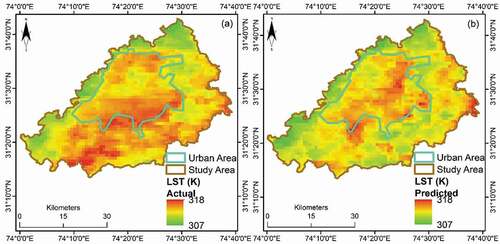 Figure 8. Spatial variation of observed (a) and predicted (b) LST for January.