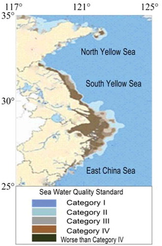 Fig. 11. Seawater quality standards in oceanic areas of China (Category I: clean marine areas, suitable for marine fish culture, marine nature reserves, and marine endangering life protection zones, DIN < 0.20 mg l-1, PO43 --P < 0.015 mg l-1. Category II: less clean marine areas, suitable for aquiculture, marine bathing, marine sports in which people have direct contact with water or recreation; water suitable for the human food industry, DIN < 0.30 mg -1, PO43 --P < 0.030 mg -1. Category III: lightly polluted marine areas; suitable for ordinary industrial park water usage, DIN < 0.40 mg l-1, PO43 --P < 0.030 mg l-1. Category IV: medium-polluted marine areas, suitable only for marine ports and marine development areas, DIN < 0.50 mg l-1, PO43 --P < 0.045 mg l-1. Worse than Category IV: Seriously polluted marine areas.