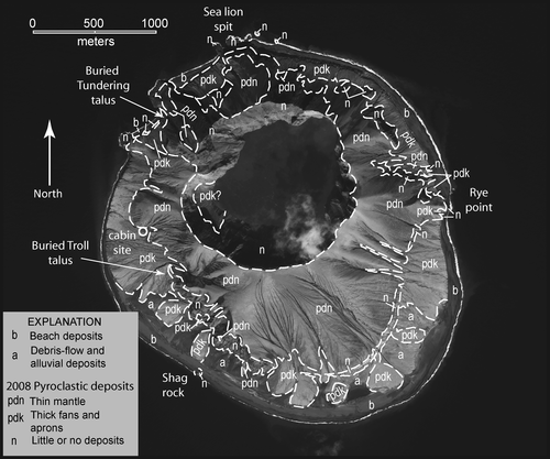 Figure 4 Generalized post-eruption geologic map on QuickBird image of 18 April 2009. Image does not register well with Figure 2; note exaggerated steepness of east crater wall. Pronounced extension of crater rim about 300 m westward suggests that main eruptive vent was at western end of pre-eruption crater. Note buried taluses and former USFWS cabin site. Map units: n, chiefly bare rock of crater walls, former sea cliffs, and steep slopes of north flank; pdn, areas of thin (typically less than a few meters thick; locally >10 m) 2008 eruptive deposits; pdk, thick (up to ~20 m) of 2008 eruptive deposits chiefly in fans outboard of former sea cliffs; a, post-eruption deposits of alluvium and debris-flow sediments from erosion of 2008 and older deposits; b, beach deposits. Note that contacts are not shown between beach and alluvial deposits, or between beach and other units where a distinct sea cliff is evident on image.