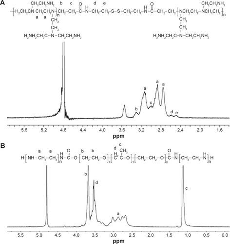 Figure 2 1H NMR spectra of PEI-SS (A), Pluronic-PEI (B), and Pluronic-PEI-SS (C) in D2O.Note: Lowercase letters (a–h) shown above peaks indicate different proton chemical shifts.Abbreviations: PEI, polyethyleneimine; 1H NMR, proton nuclear magnetic resonance; PEI-SS, disulfide-linked PEI; D2O, heavy water.