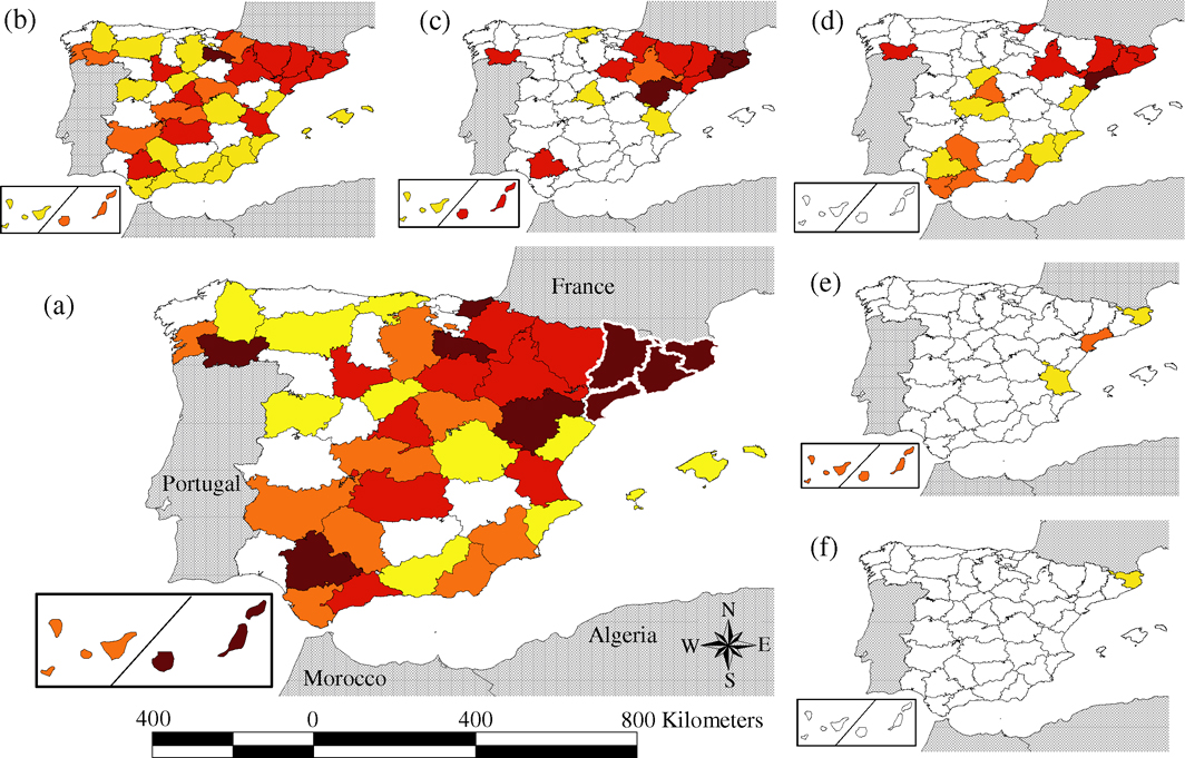 Figure 1.  Geographical variation of the total risk for introduction of Newcastle disease (ND) into Spain via legal trade of live poultry (1a) estimated using a quantitative risk assessment and discriminated by species of introduction: (1b) chickens, (1c) ducks, (1d) turkeys, (1e) guinea fowl, and (1f) geese. Risk has been categorized using quartiles as nil (~0), low (5x10−7 to 2.04x10−5), medium (2.05x10−5 to 4.46x10−5), high (4.47x10−5 to 2.13x10−4), and very high (2.14x10−4 to 7.3x10−4). Provinces with nil risk and those included within the first, second, third, and fourth quartiles are shown in white, yellow, orange, red, and brown, respectively. Provinces of Catalonia, which is the region that concentrated most of the risk, are indicated with a white outline (1a).