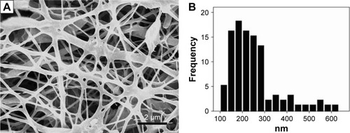 Figure 1 Morphology of nanofibrous membrane illustrated by scanning electron microscopy.Notes: Electrospun PLGA/PTU nanofibers is shown (A); magnification ×5000. The diameters of the electrospun PLGA/PTU nanofibers ranged from 112 to 622 nm (B).Abbreviations: PLGA, poly(d,l)-lactide-co-glycolide; PTU, propylthiouracil.