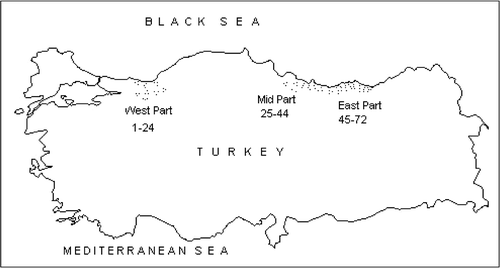 Figure 1. Locations of the 72 orchards (each point on the map indicates the location of the orchard from western (1–24), central (25–44) and eastern (45–72) areas of the Black Sea region).
