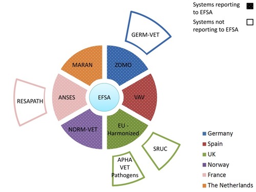 Figure 1 Overview on AMR systems in livestock in six European countries. Inner ring systems (dotted sections) report AMR data to EFSA while outer ring systems not. For details on the systems and their relationship, see the body of the text.