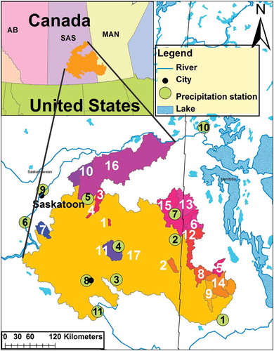 Figure 1. Study area and location of the selected watersheds. The watersheds and precipitation stations are numbered based on the first columns of Table 1 and Table 2, respectively.