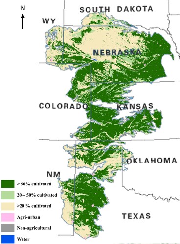 Figure 3. Cropland cover % during 2020 in the Ogallala Aquifer region (Cropland data layer, US Department of Agriculture, National Agricultural Statistical Service (USDA-NASS).