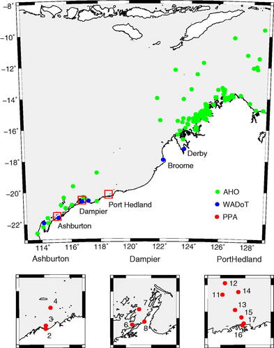 Figure 2. Locations of 10 WADoT tide gauges, 16 PPA tide gauges and 116 AHO tide gauges. The boxes (red in the online version) on the main plot at Ashburton, Dampier and Port Hedland relate to the inset boxes in the bottom row, showing the PPA tide gauges at these locations (numbered as per Table 1).