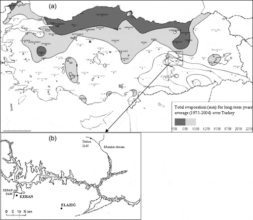 Figure 1. (a) Total evaporation over Turkey for 1975–2004 (May–October). (b) Location of Lake Keban.