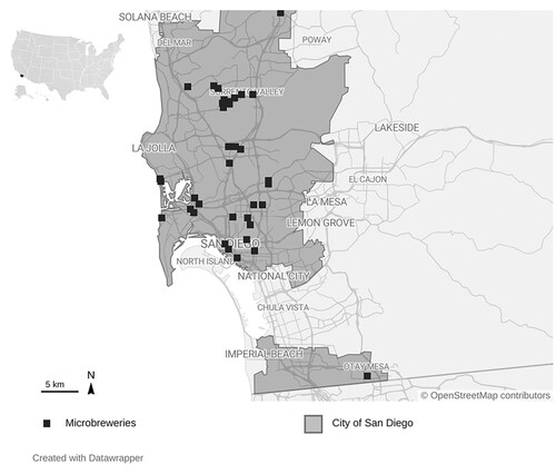 Figure 3. The location of the sample of identified microbreweries in San Diego (U.S.).