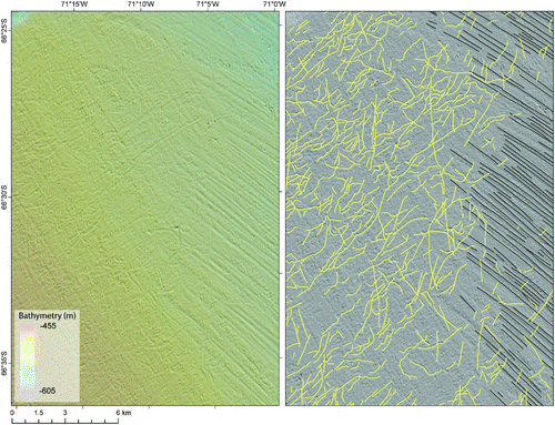 Figure 9. Example of iceberg scours on the outer-shelf. Note that the lineations are increasingly disrupted by iceberg scours and eventually disappear in a westward direction. The left-hand panel is the relief-shaded image and the right-hand panel shows the mapped landforms (colours are the same as in the main map). The relief-shaded image is x20 exaggeration and is shaded from the NE.