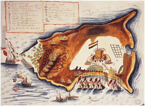 FIG. 8 Map of Dutch fort on La Tortuga under attack by Spanish and Cumanagoto Indians painted by Juan Bautista Antonelli (the Younger) in 1638 (España, Ministerio de Educación, Cultura y Deporte, Archivo General de Indias, AGI, MP-Venezuela, 24 – Planta de la Isla Tortuga (1638)).