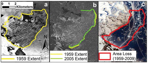 FIGURE 7. Changes to Wootton Peninsula Ice Shelf between 1959 and 2009. (a) Air photo from 13 August 1959. (b) RADARSAT-1 Standard Beam image (16 July 2005, 19:58 UTC) overlain with 1959 and 2005 ice shelf extents. (c) ASTER image (16 July 2009, 20:41 UTC) showing area loss of Wootton Peninsula Ice Shelf.