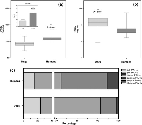 Figure 1. Levels of PAHs in plasma samples. (a) Main body: Box plots of ∑PAH21 in dogs and humans. Inset: Bar graph of ∑PAH7 (carcinogenic PAHs, median and interquartile range) in dogs and humans. (b) Box plots of ∑PAH metabolites in dog and humans. (c) Profile of distribution of PAHs in dogs and humans. The line inside the boxes represents the median, the bottom and top of the boxes are the first and third quartiles of the distribution and the lines extending vertically from the boxes indicate the variability outside the upper and lower quartiles.