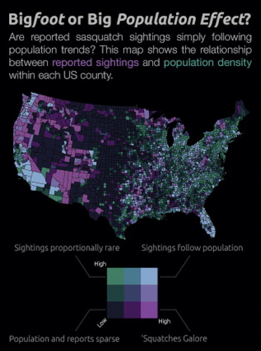 Fig. 7 Bivariate choropleth map that displays the relationship between reported sightings of Bigfoot between 1921 and 2013, and population density within each U.S. county. Source: http://www.joshuastevens.net/visualization/squatch-watch-92-years-of-bigfoot-sightings-in-us-and-canada/.