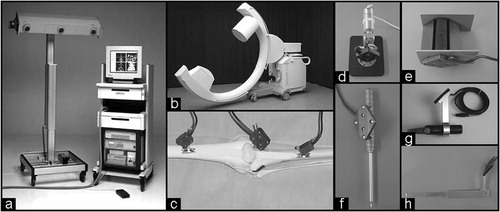 Figure 1. System components consist of (a) an optoelectric localizer and a computer system, (b) a registered fluoroscopic C-arm, (c) DRBs for tracking patient's anatomy, (d) a gravitational direction measurement tool, (e) an accuracy checker for the verification of system accuracy, (f) a pointer for percutaneous digitization, (g) a navigated saw, and (h) a navigated chisel for bone cutting.