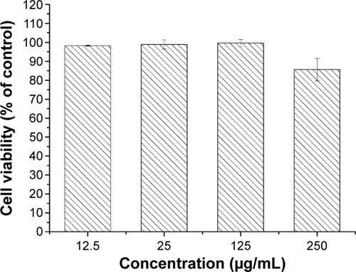 Figure 2 Cell viability of Vero cells treated with FePt NPs.Note: Incubation time was 24 hours.Abbreviation: NPs, nanoparticles.