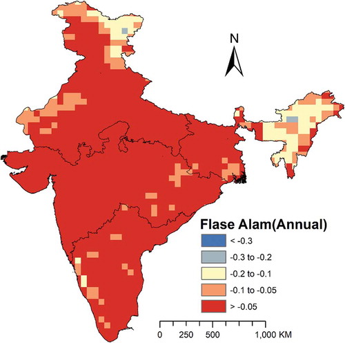 Figure 7. Maps of the false alarm rate of MMAI in detecting combined drought events, i.e. meteorological or/and soil moisture drought