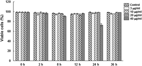 Figure 2. Effects of M. genitalium LAMPs (0–40 μg/mL) on the viability of HeLa cells.Note: The cell viability was measured with annexin-V-FITC-PI staining by flow cytometry. Compared with the corresponding control group, *p < .05.