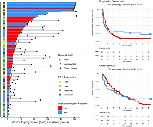 Figure 3. Bar plot illustrating PFS, OS, PD-L1 status and whether the patient received radiotherapy <6 months prior to immunotherapy or not, for all patients. Kaplan–Meier plots showing PFS and OS in patients who received radiotherapy <6 months prior to immunotherapy, compared to those who did not.