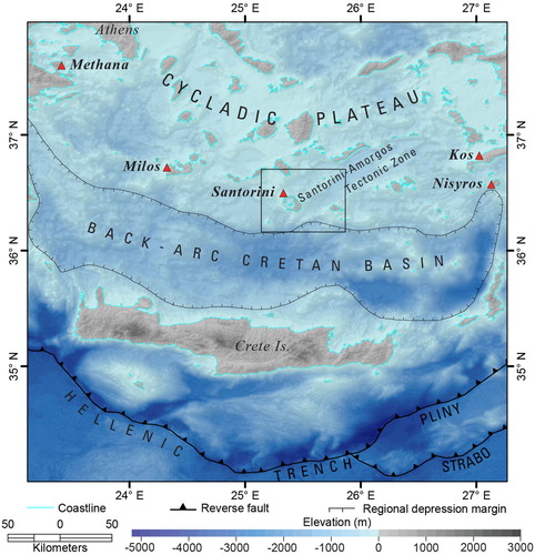 Figure 1. Colored shaded-relief image of the South Aegean Sea from mosaicked digital elevation models (DEMs) of onshore Advanced Spaceborne Thermal Emission and Reflection Radiometer (ASTER) data (30 m/pixel) and offshore European Marine Observation and Data network (EMODnet) data (107 meters/pixel); artificially illuminated from the northwest. Box represents map area; red triangles offset from centers of the Hellenic Volcanic Arc. Sawteeth on hanging wall of reverse fault; hachures point downslope.