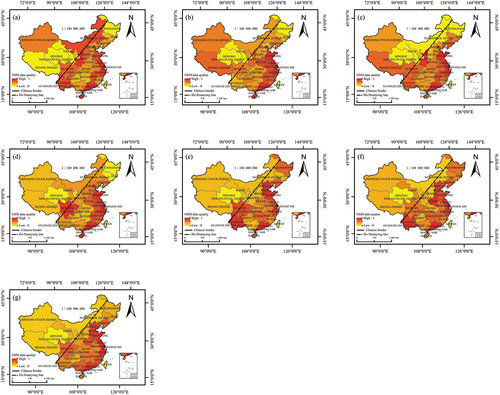 Figure 9. Spatial distribution of OSM data quality at the provincial scale in China in (a) 2014, (b) 2015, (c) 2016, (d) 2017, (e) 2018, (f) 2019, and (g) 2020.