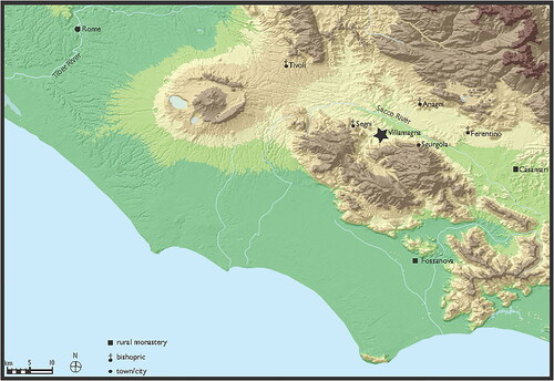 Fig 4 Map of central Italy and the site location of Villamagna. Drawing by Caroline Goodson.