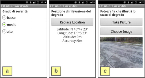 Figure 7. Screenshots of the Android ODK Collect application for reporting pavement damages, showing (a) the choice of the event severity degree, (b) the event position registration using GPS, (c) the event picture taken with the device camera.