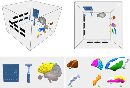 Figure 1. Structure of virtual environment inside the CAVE: side and bird’s-eye view (top left, top right), scoreboard, lever to verify answers, model of whole brain (bottom left), individual brain areas (bottom right). Colored dots indicate areas where connections can be drawn between different elements.