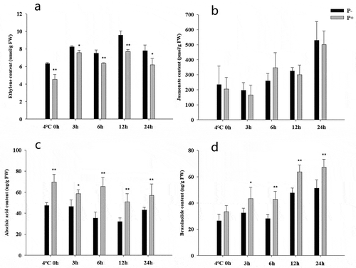 Figure 4. Phytohormone levels in Arabidopsis seedlings during the post-thaw recovery period. Ethylene (a), jasmonates (b), abscisic acid (c), brassinolide (d). Data are means of three independent experiments ± SD. Asterisks indicate significant differences compared to non-inoculated plants (*P < .05, **P < .01, t-test). Black (white) bars: P. indica-(un-)colonized plants.