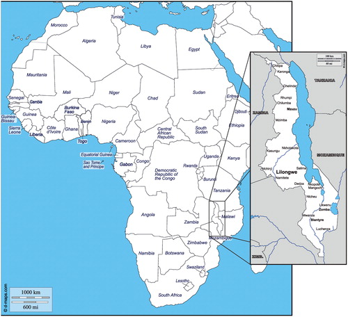 Figure 1. Malawi is a densely populated, landlocked country in southern Africa. About twothirds of the length of the country lies along the western shore of Lake Malawi, the third largest lake in Africa after Lake Victoria and Lake Tanganyika. Courtesy of d-maps.com (http://www.dmaps.com).