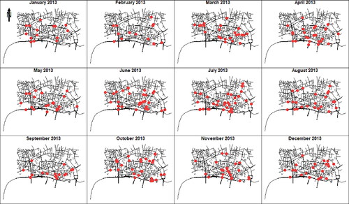 Figure 1. Monthly spatial point patterns of fatal traffic accidents in the city of London, UK, during 2013.