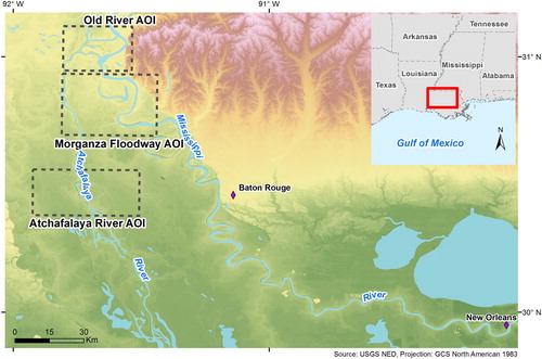 Figure 2. Map of the study area with each area of interest (AOI) in southeastern Louisiana: Old River area, Morganza Floodway area, and Atchafalaya River.