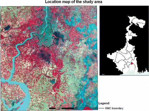 Figure 1. Location map of the study area. (Left) LISS–III image with KMC area demarcated. Vegetation: dull red/pink; Settlement/towns: bluish; Water bodies: cyan, blue; Fallow land: bluish/greenish gray. (Right) Map of West Bengal showing location of Kolkata.