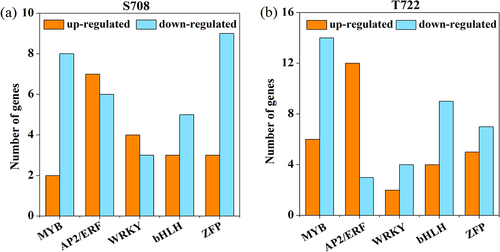 Figure 7. Number of TFs in S708 and T722 under sub-optimal temperature conditions. Within each bar, number of up- and down-regulated genes is shown in orange and blue, respectively. TFs, transcription factors.