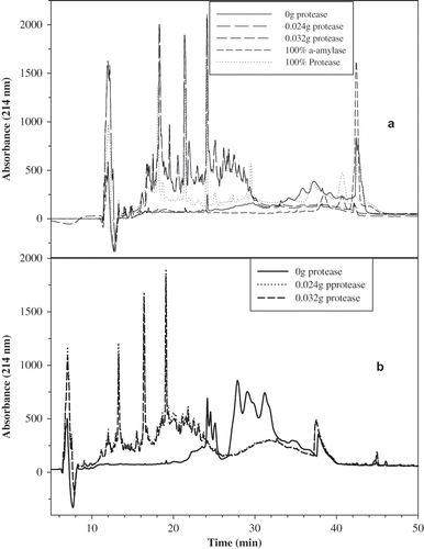 Figure 4 Reverse phase HPLC of protease treated gluten: (a) supernatant and (b) precipitate.