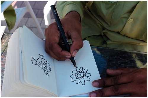 Figure 3 Vikram Divecha, “Shaping Resistance,” 2015. Municipality gardeners at a drawing workshop, Al Majaz Park, Sharjah. (Courtesy of the artist)